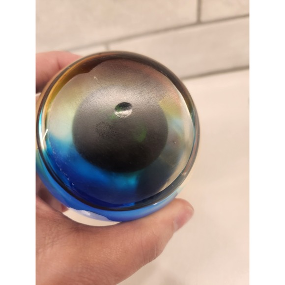 4 Inch Art Glass Paperweight Egg Blue Brown Orange Swirl with Suspended Bubbles - Picture 8 of 11